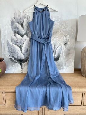 DKNY Dusty Blue Halter Maxi Dress with Waist Tie
